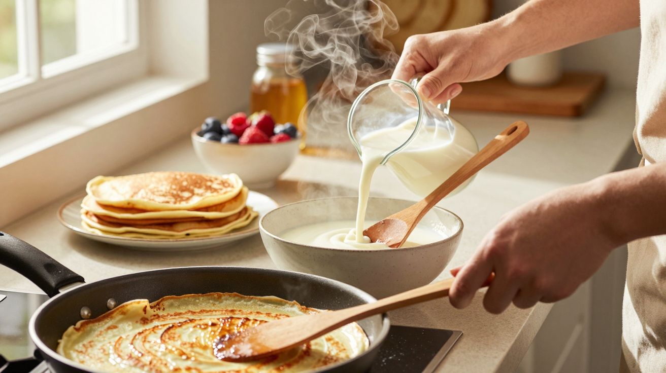 Pessoa preparando massa de panqueca em tigela com leite quente, enquanto cozinha panqueca na frigideira.