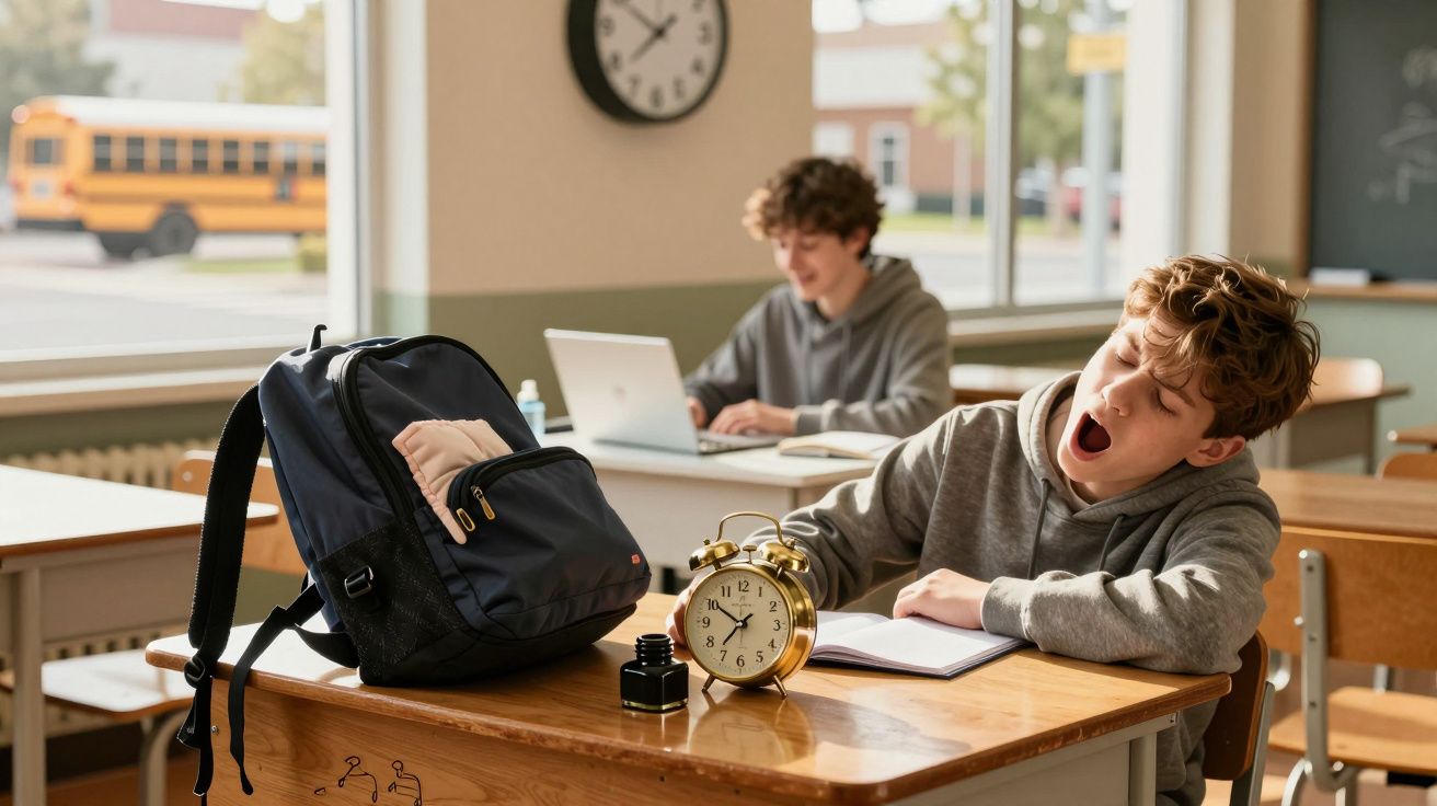 Aluno cansado bocejando na sala de aula com mochila, relógio despertador e colega ao fundo usando notebook.