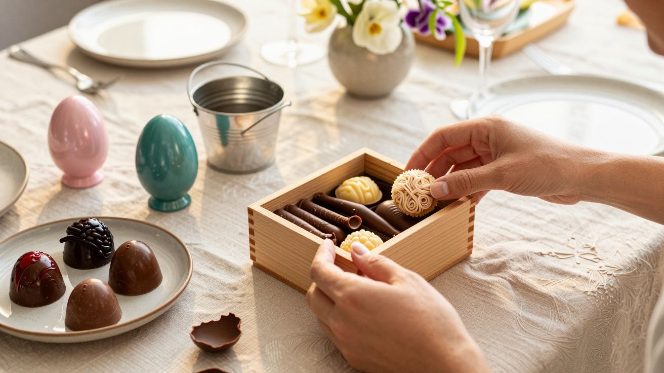 Mãos pegando docinho em caixa de madeira com chocolates sobre mesa com toalha e pratos.