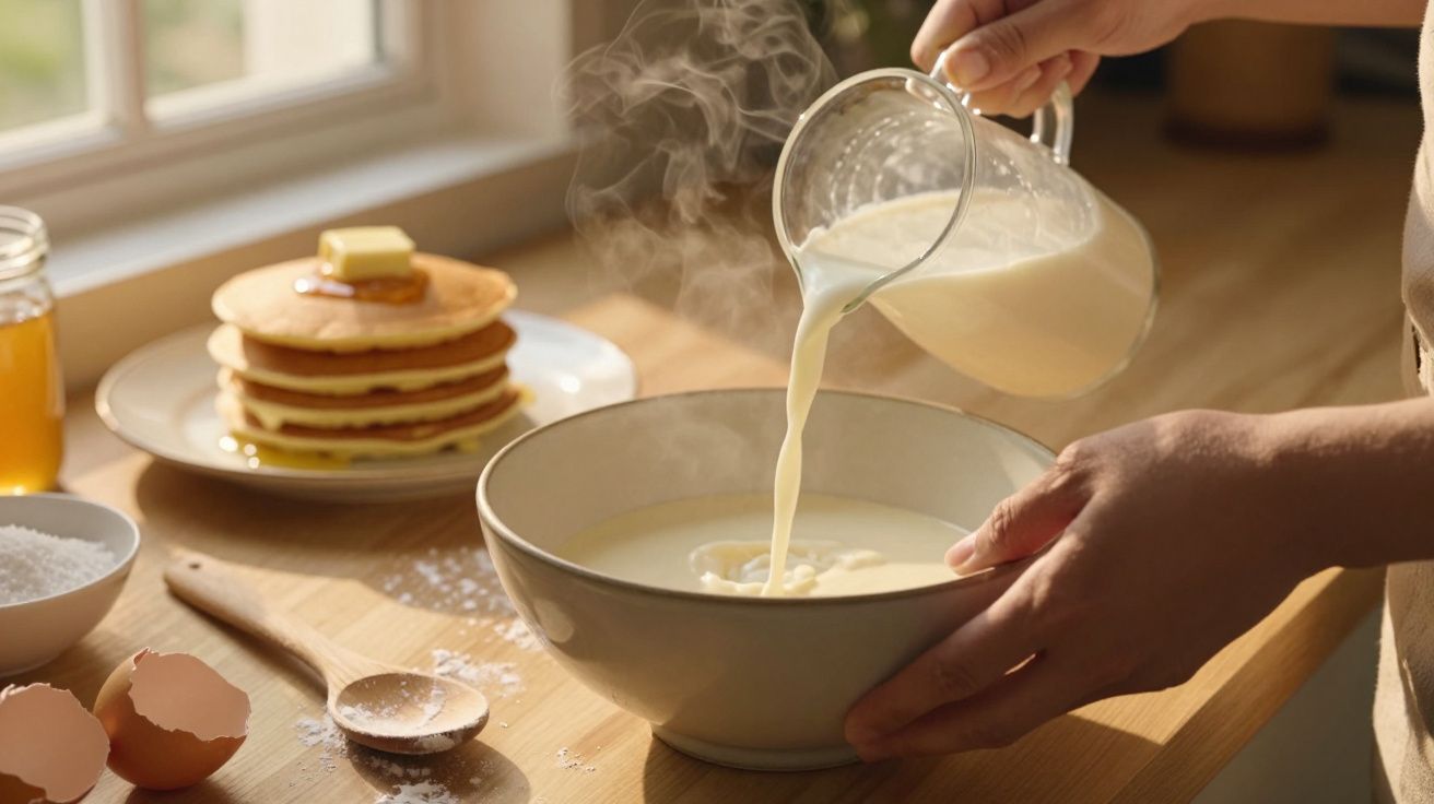 Mãos despejando massa de panqueca em uma tigela, com panquecas, ovos e mel ao fundo.