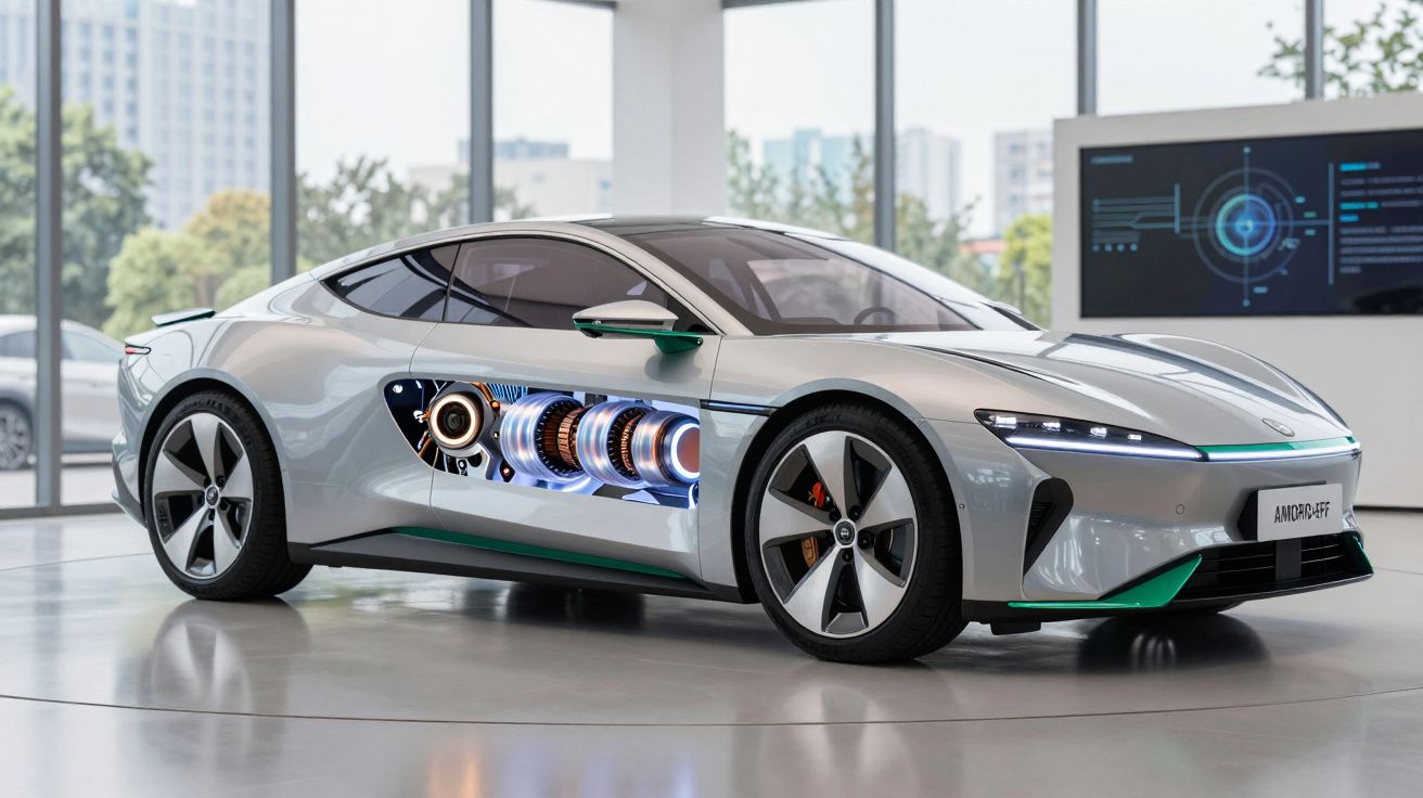 Carro esportivo elétrico cinza com painel lateral transparente mostrando motor e tecnologia interna.