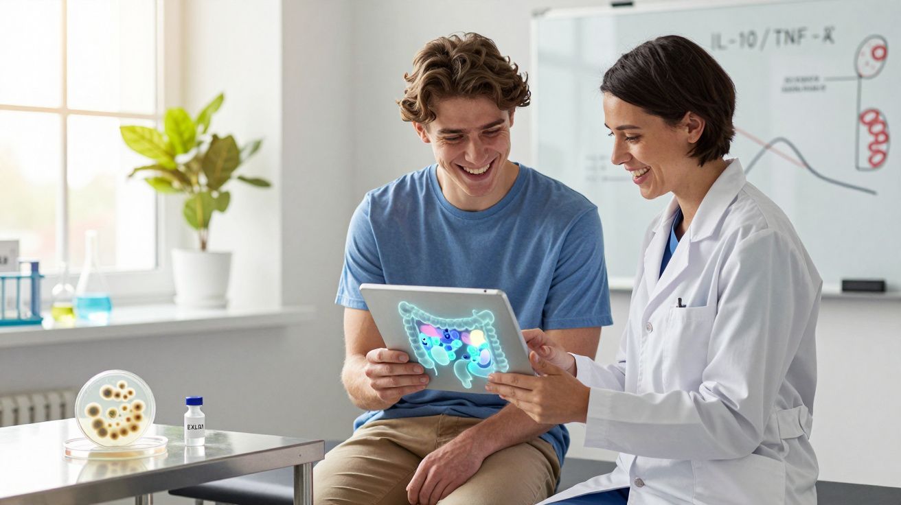 Paciente e médica discutem exame intestinal digital em consultório com microscópio e quadro branco ao fundo.