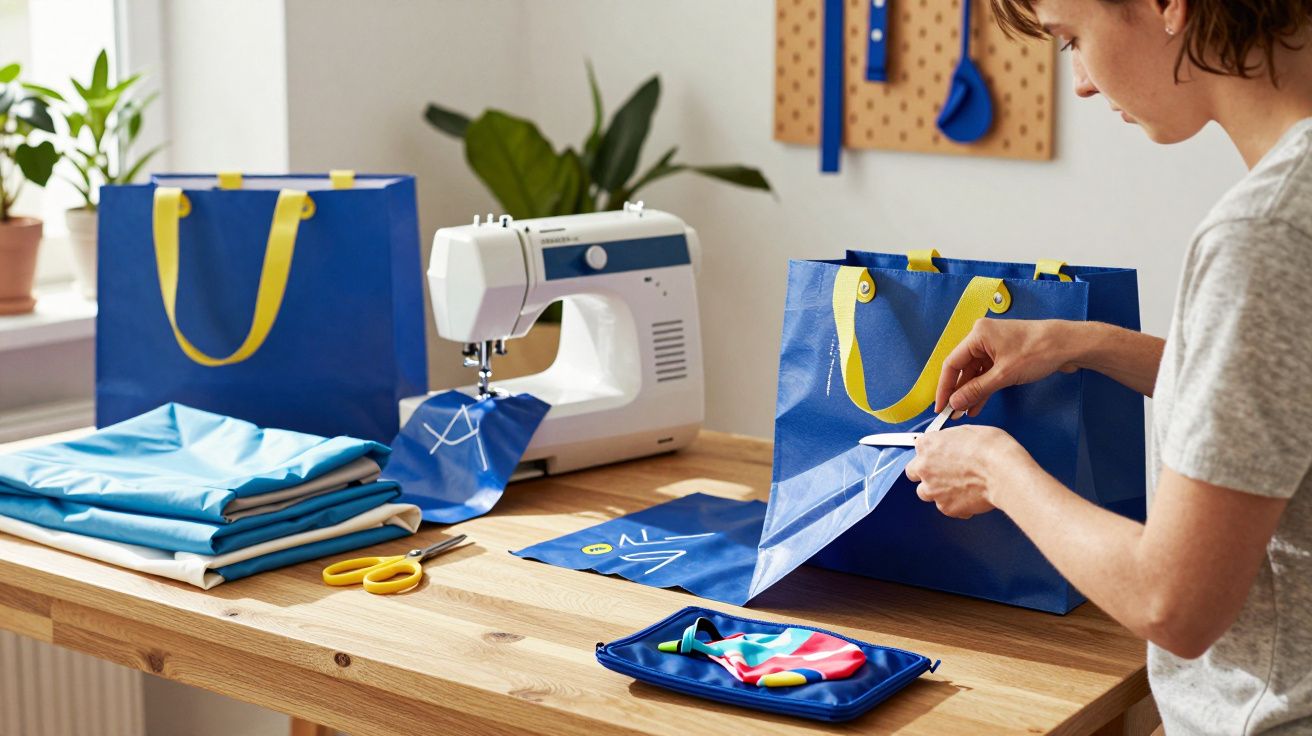 Mulher confecciona sacola azul com máquina de costura e materiais em mesa de madeira.