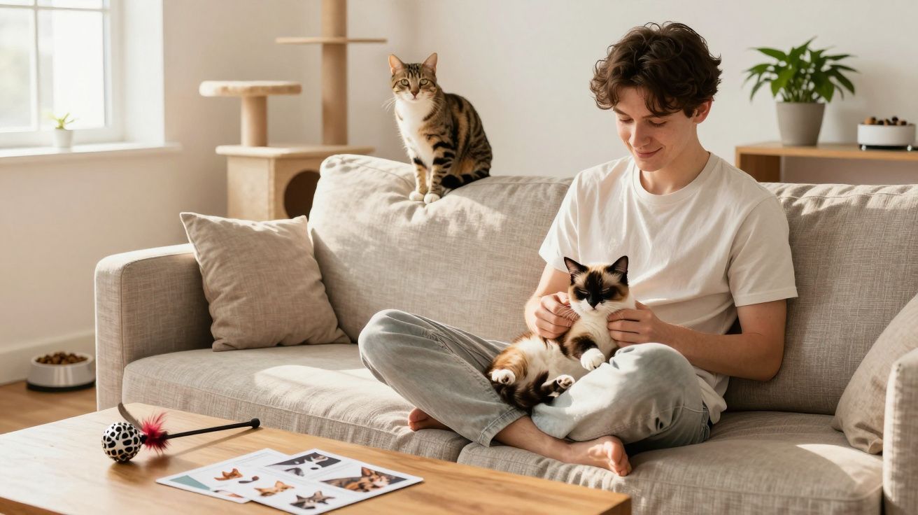 Jovem sentado no sofá acariciando um gato, enquanto outro gato está no encosto do sofá.