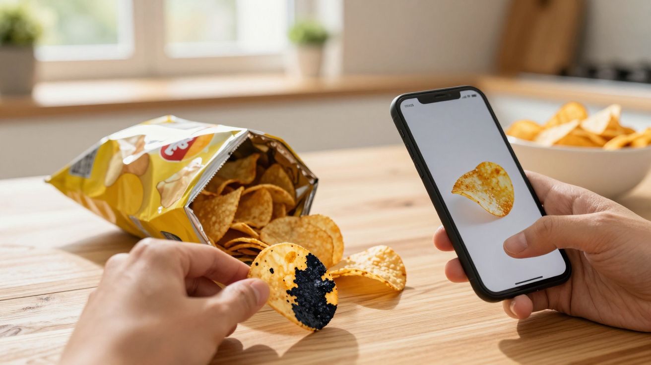 Pessoa segurando uma batata chips com parte queimada e tirando foto dela com celular.