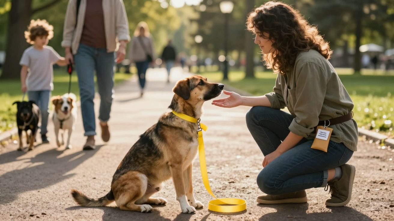 Mulher agachada interagindo com cachorro de coleira amarela em parque urbano ao ar livre.