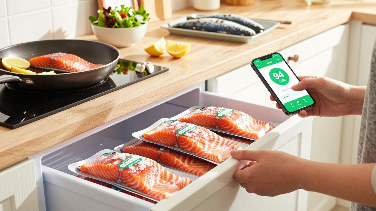 Pessoa segurando celular com app de frescor ao abrir gaveta com pacotes de salmão em cozinha moderna
