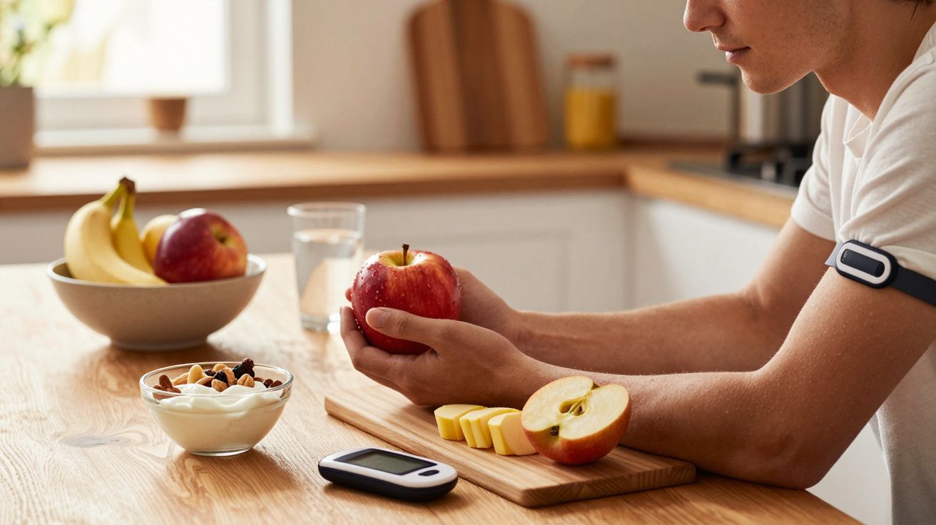 Pessoa segurando maçã com medidor de glicose e alimentos saudáveis sobre mesa na cozinha.