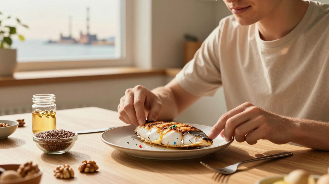 Pessoa segurando fatia de pão com mel e confeitos coloridos em prato na mesa de madeira.