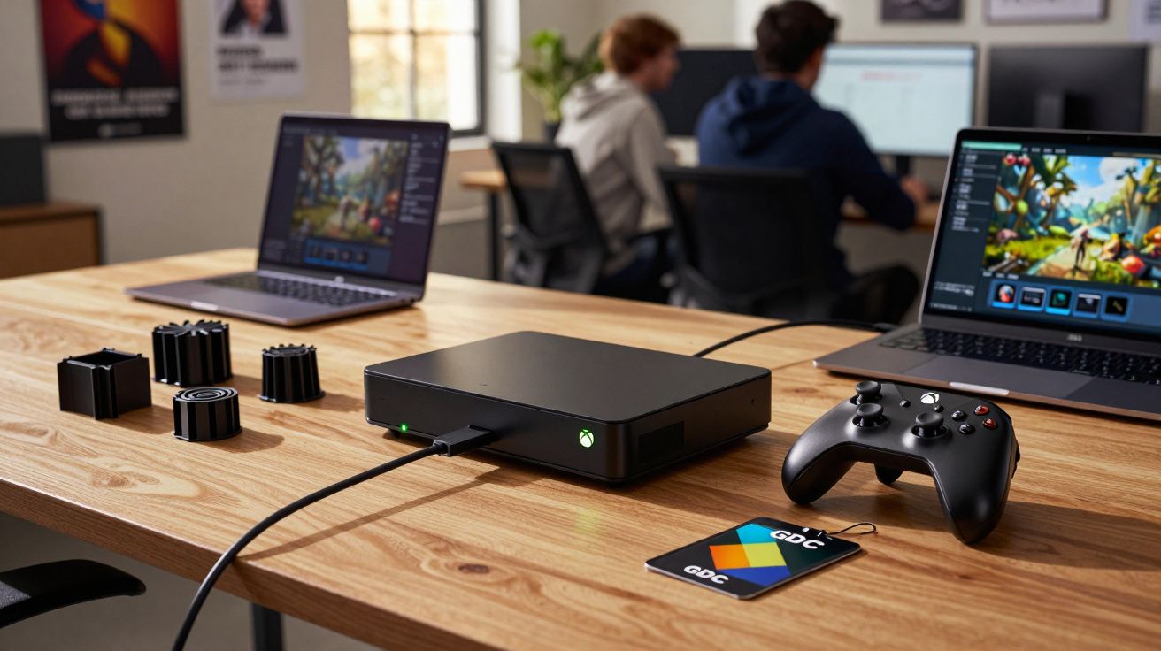 Console Xbox conectado a dois laptops com jogos na tela e controle sobre mesa de madeira em escritório.