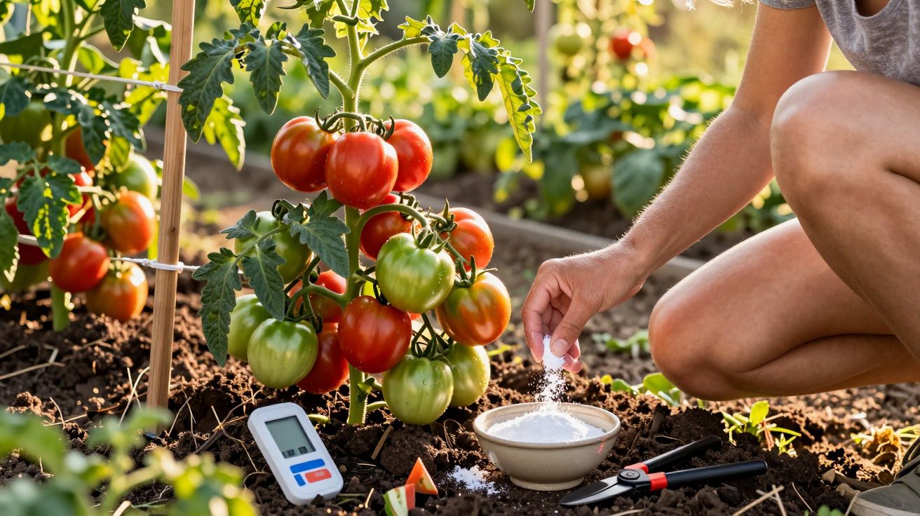 Pessoa aplicando fertilizante em planta de tomate com tomates maduros e maduros, cercada de ferramentas de jardinagem.