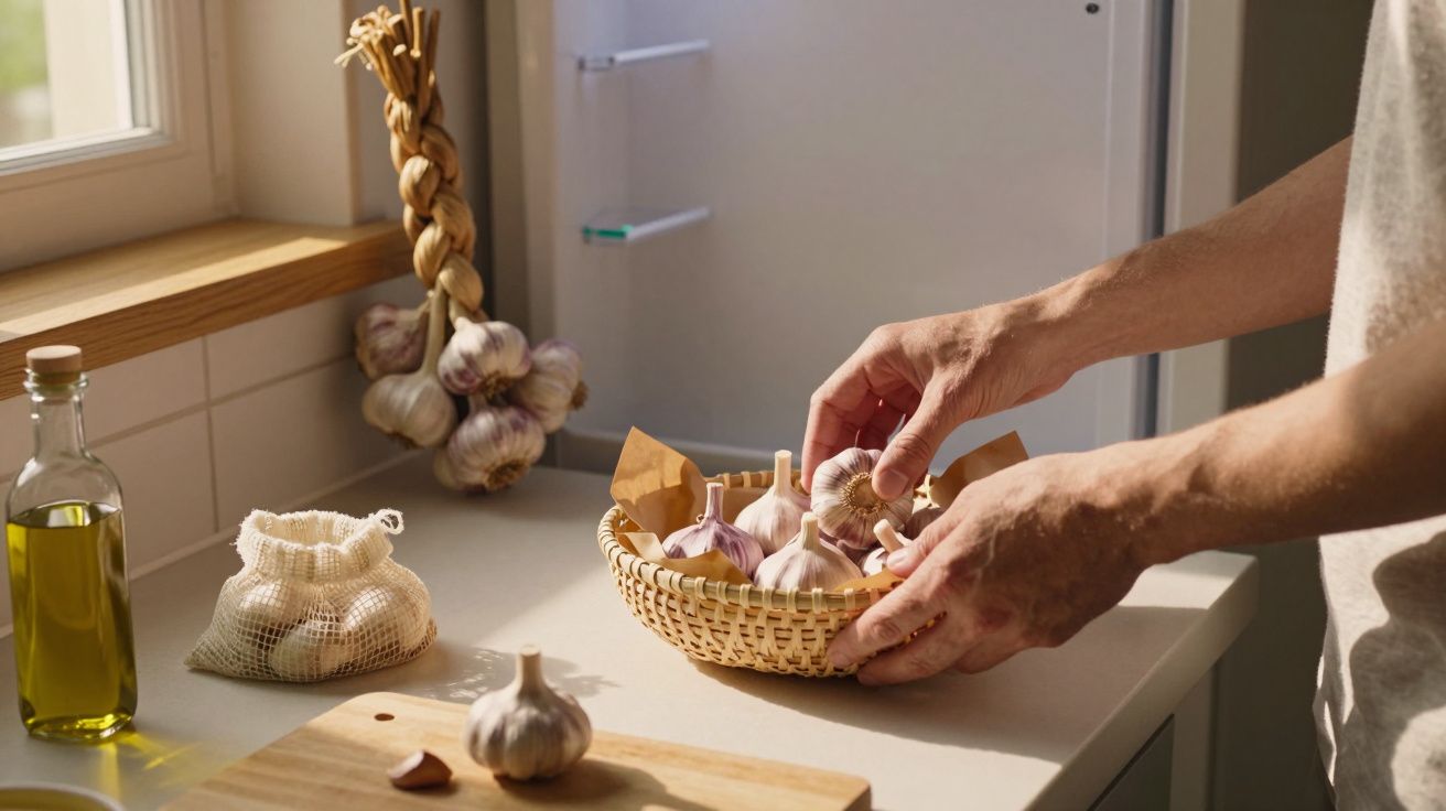 Mãos femininas organizando alhos em cesta de vime em bancada de cozinha com óleo e tábua de madeira.
