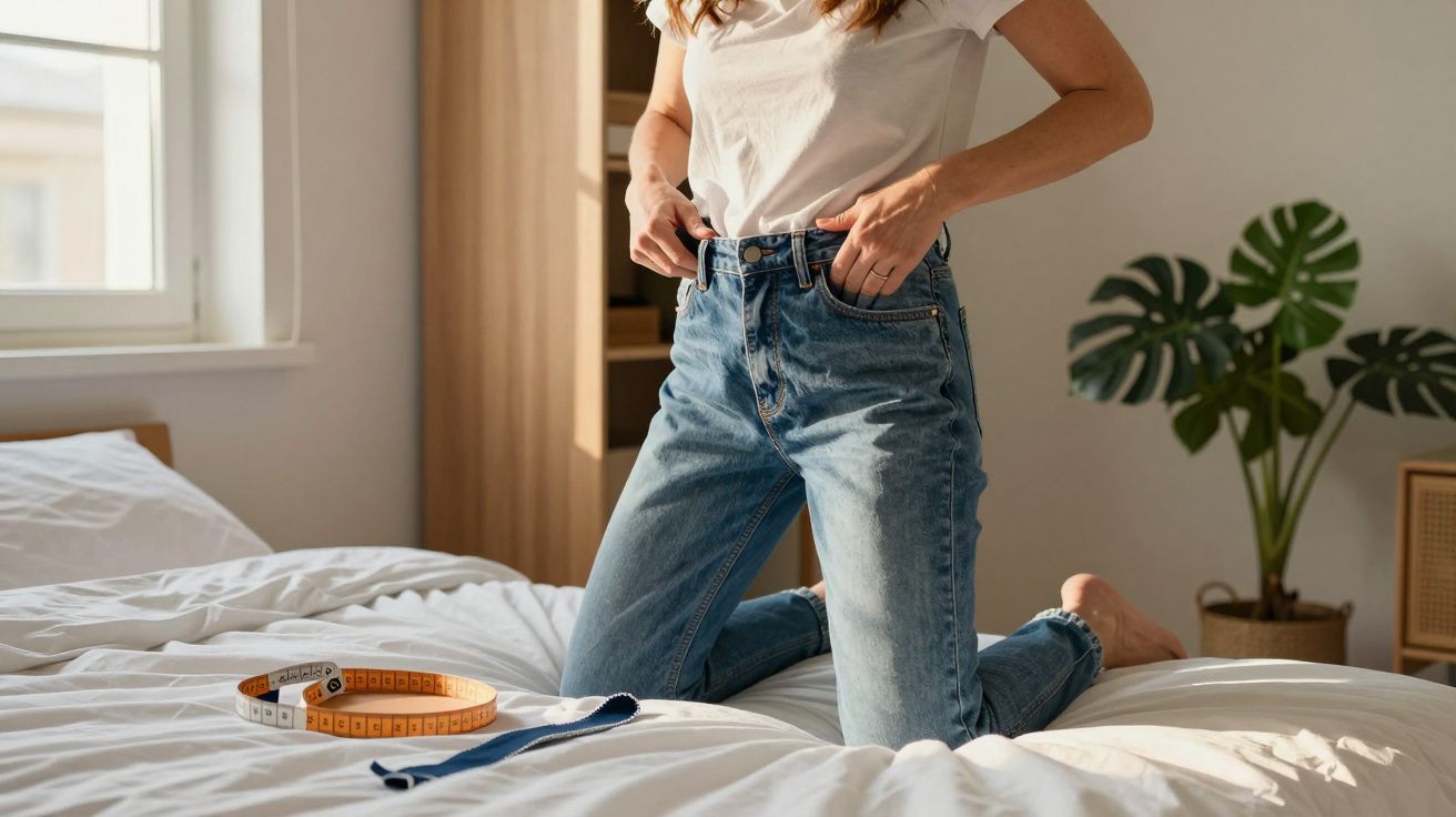 Pessoa vestindo camiseta branca e calça jeans, ajustando a cintura, sentada em cama com fita métrica ao lado.