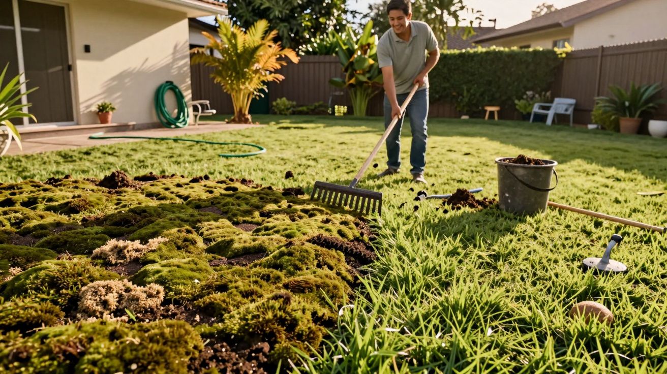 Pessoa usando ancinho para limpar musgo em gramado de jardim residencial ensolarado.