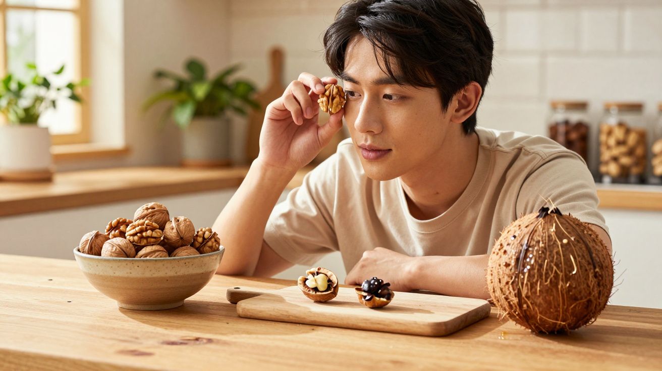 Jovem observa nozes enquanto está à mesa com tigela cheia e coco ao lado em ambiente de cozinha.