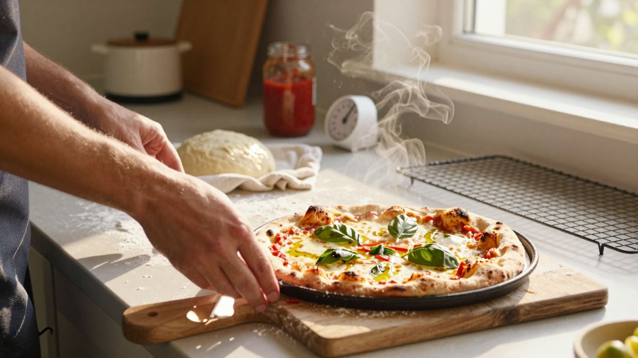 Pessoa retirando pizza fumegante com manjericão e pimenta vermelha do forno em cozinha iluminada.