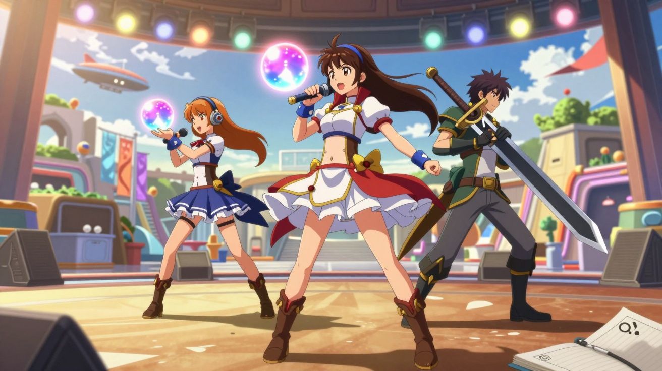 Três personagens de anime em palco, dois com roupa de escola e um com espada, em ambiente futurista colorido.
