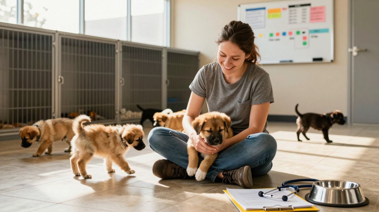 Mulher sentada no chão segurando filhote em clínica veterinária com outros cães ao redor.