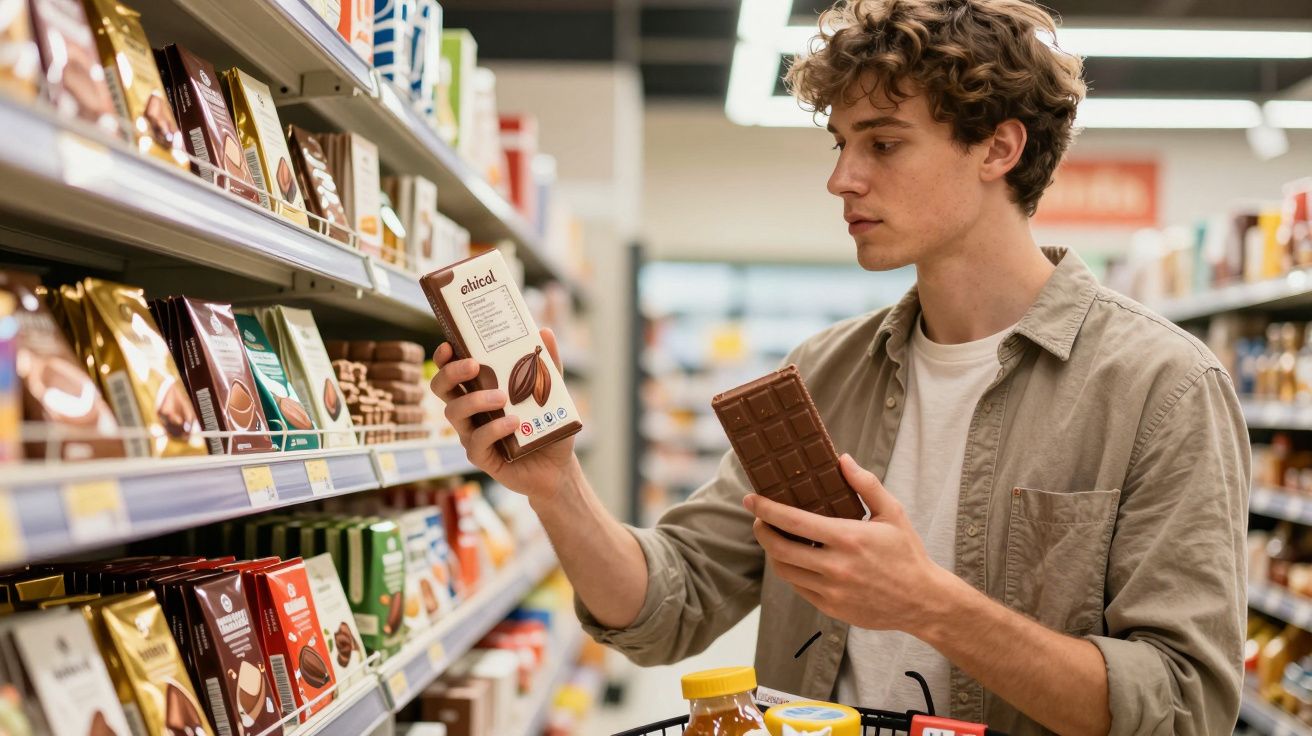Homem jovem escolhendo chocolate em barra na prateleira de supermercado com cesta contendo sucos.