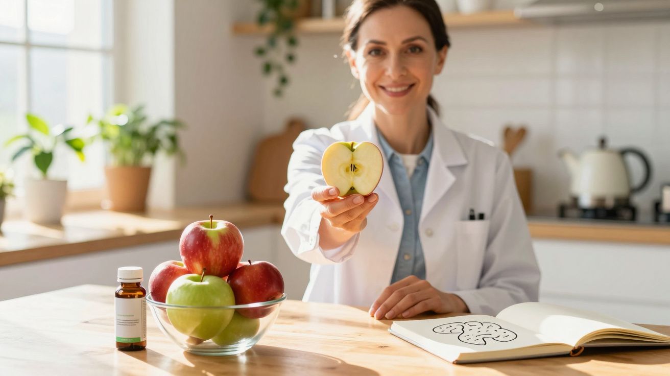 Mulher com jaleco branco segura maçã cortada ao meio em cozinha com frutas e livro aberto na mesa.