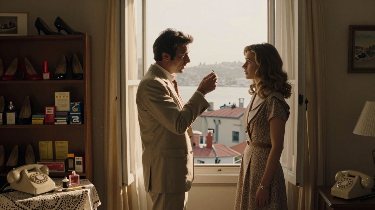 Homem e mulher conversam em ambiente interno iluminado por janela com vista para prédios ao fundo.