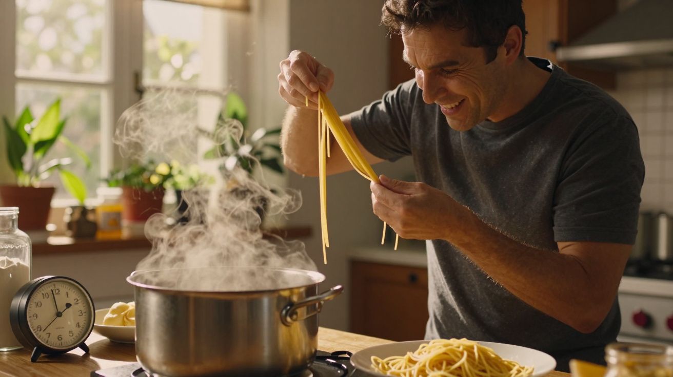 Homem sorrindo colocando macarrão em panela com vapor na cozinha iluminada por luz natural.