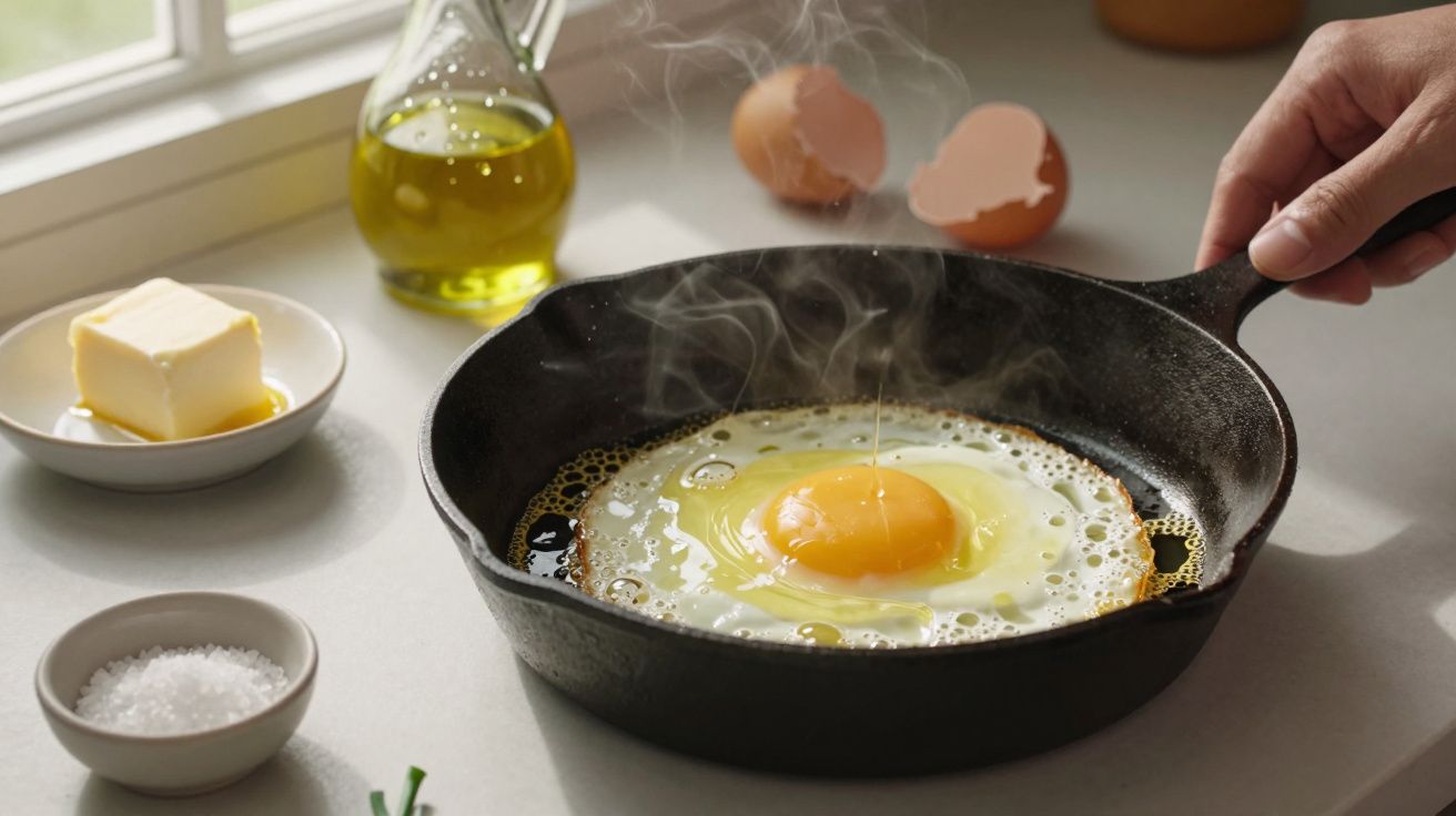 Ovo fritando em frigideira de ferro com manteiga, sal e azeite ao redor na bancada da cozinha.