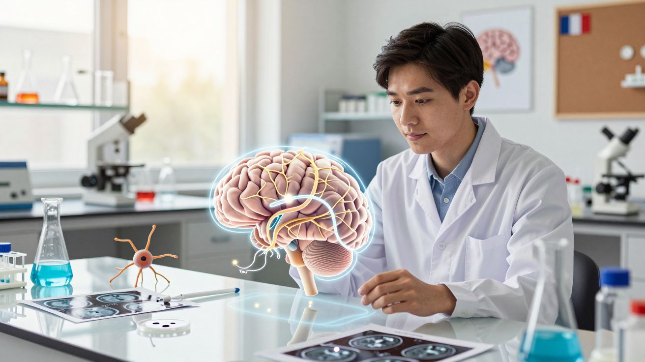 Cientista em laboratório usando tecnologia holográfica para analisar modelo 3D do cérebro humano.