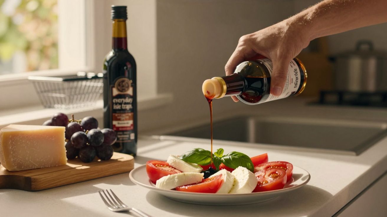 Mão derramando vinagre balsâmico em salada com tomate, queijo e folhas verdes em prato branco.