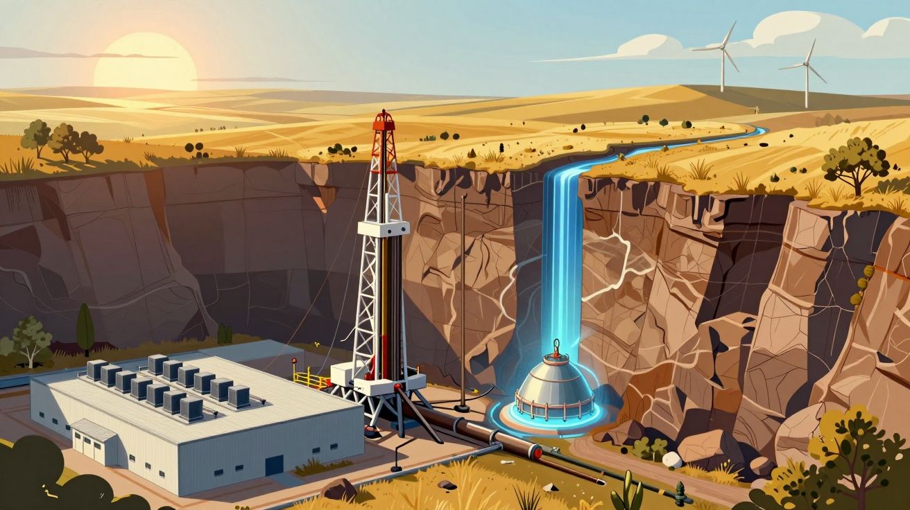 Ilustração de usina geotérmica com torre, edifício, cachoeira artificial e turbinas eólicas ao fundo no pôr do sol.