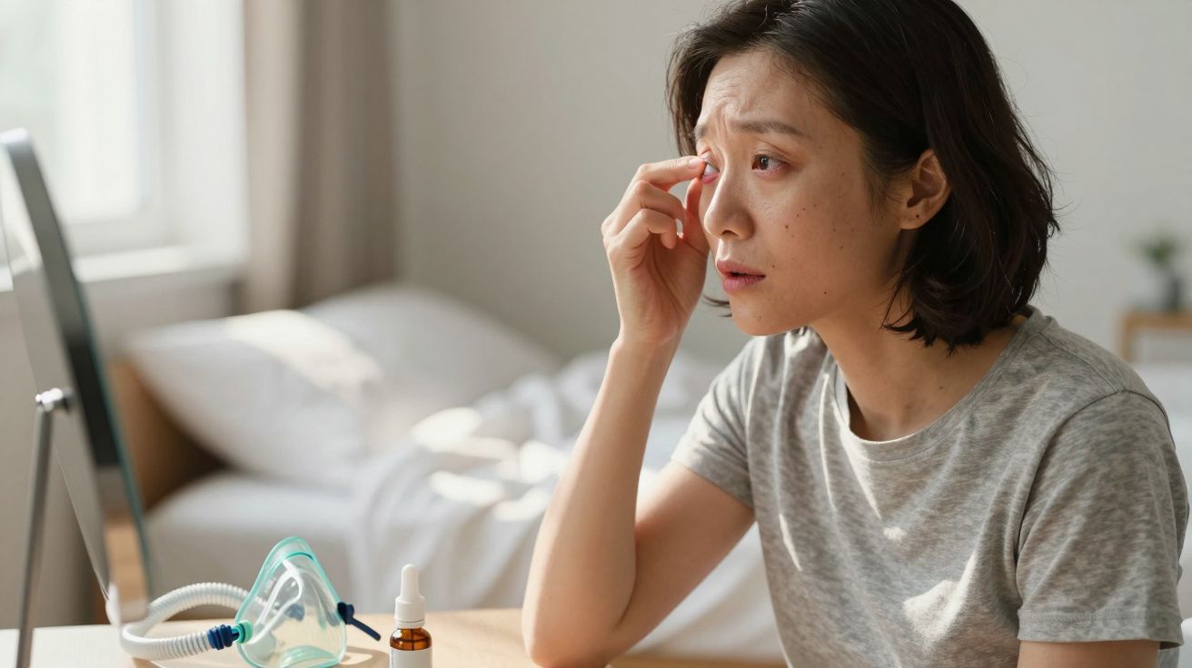 Mulher com expressão preocupada aplicando colírio com nebulizador ao lado em ambiente doméstico.