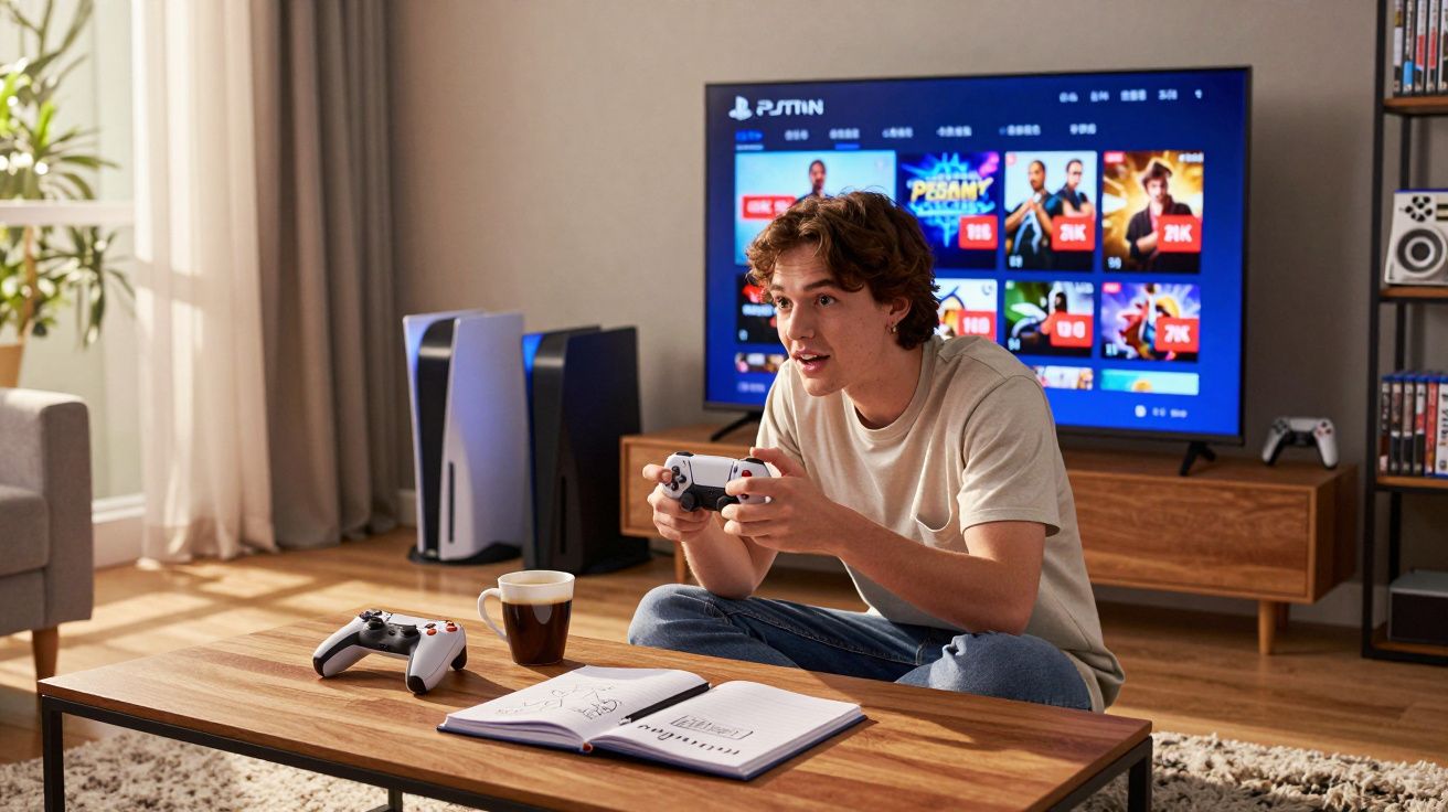 Jovem sentado no chão jogando videogame com controle na mão, TV e console ao fundo na sala.