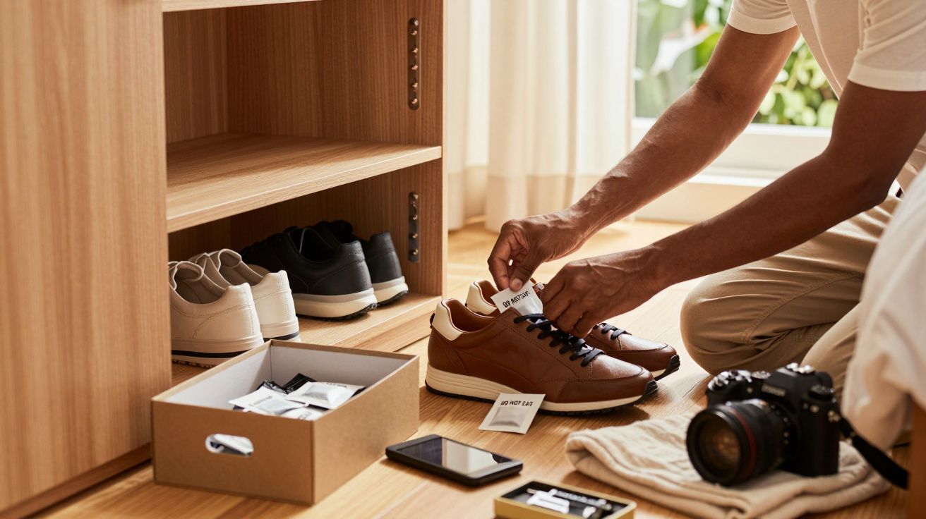 Pessoa colocando etiqueta antimarcação em tênis marrom ao lado de câmera, celular e caixa com acessórios.