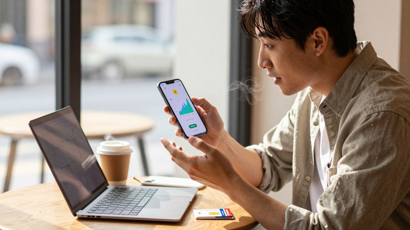 Jovem usando smartphone mostrando gráfico financeiro, com laptop e café em mesa de café.