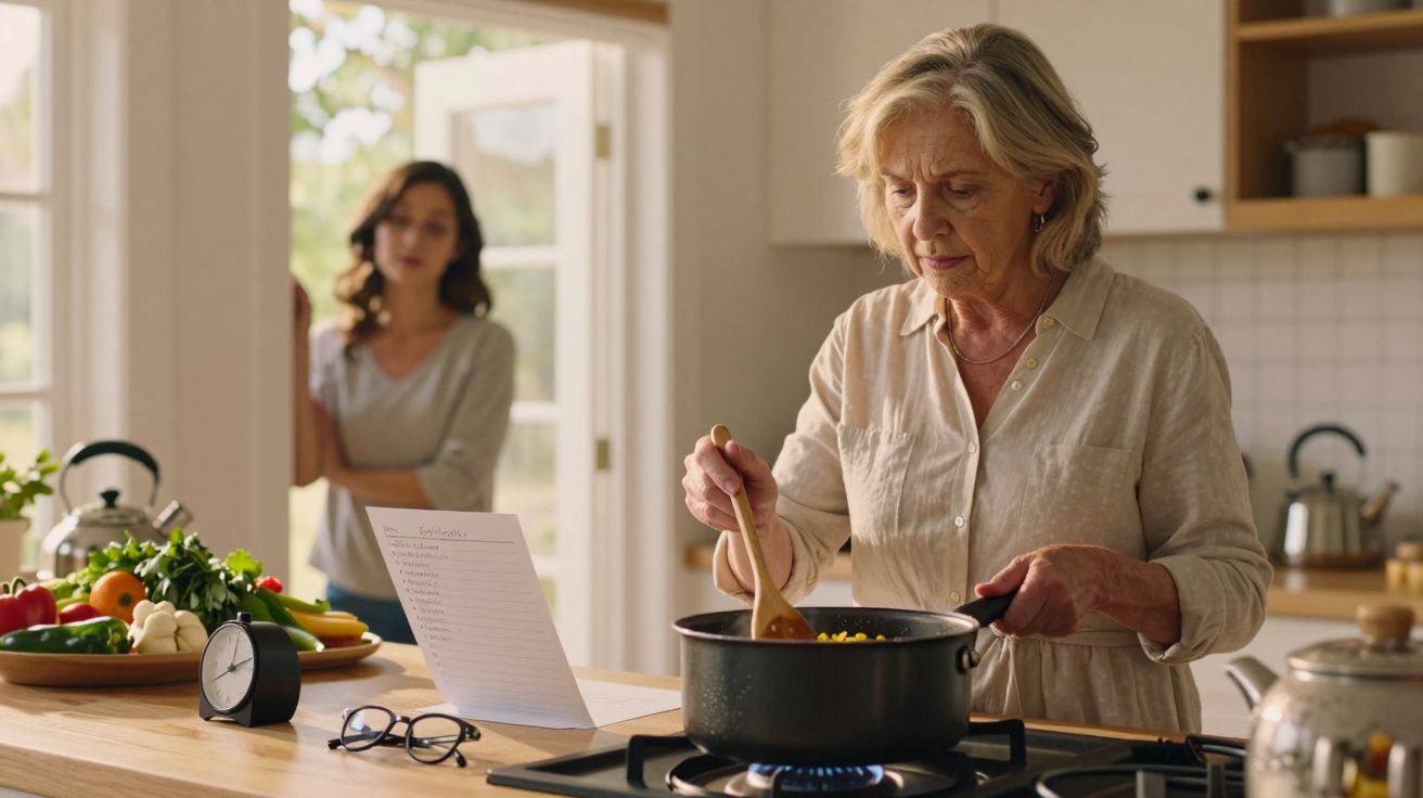 Mulher idosa cozinhando enquanto mulher jovem observa na cozinha clara e arejada.