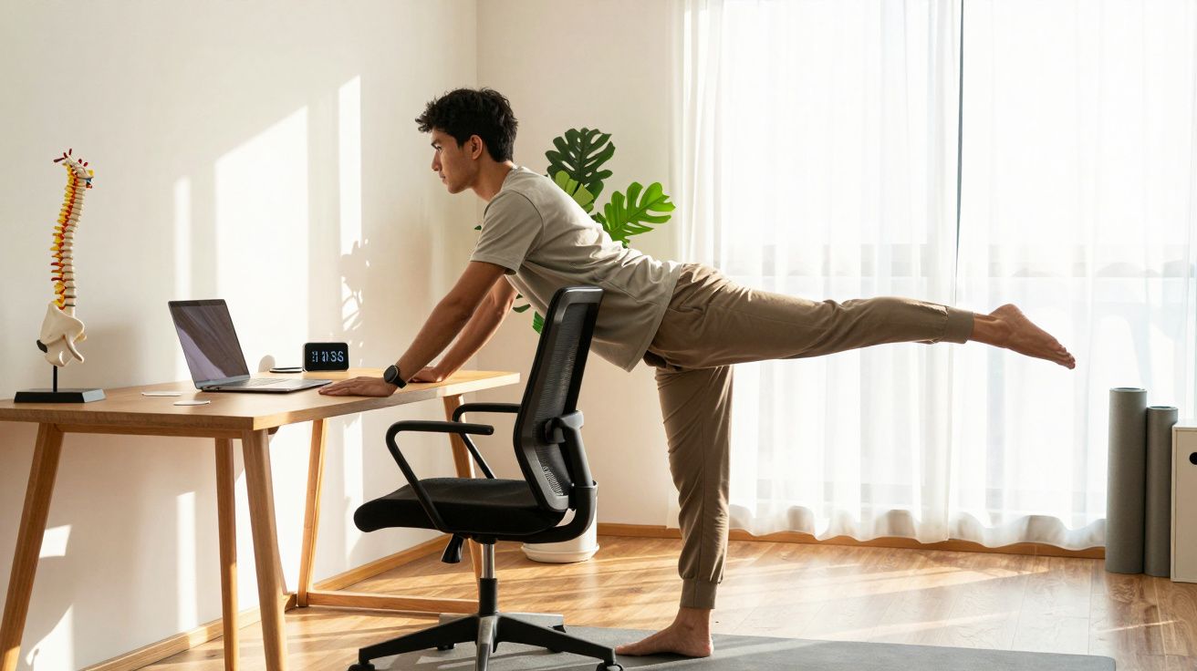 Homem fazendo exercício de alongamento em pé ao lado de mesa de trabalho com notebook e cadeira de escritório.