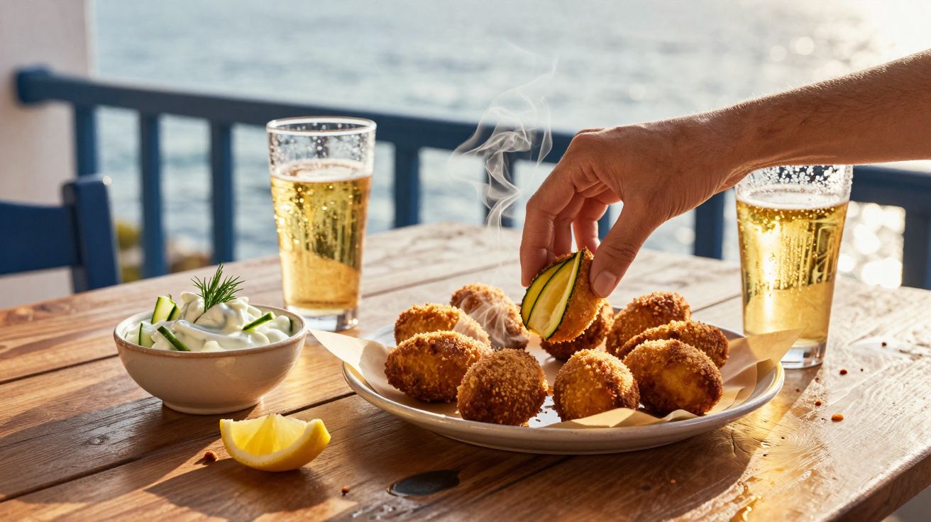 Mão pegando petisco crocante com fatia de pepino, mesa de madeira com duas cervejas e molhos ao fundo.