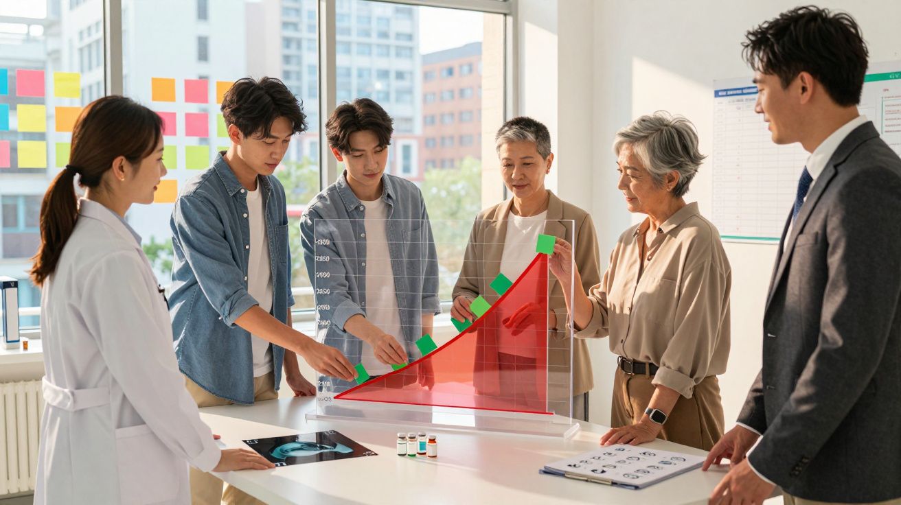 Grupo diversificado discutindo gráfico de crescimento em ambiente de trabalho moderno e iluminado.