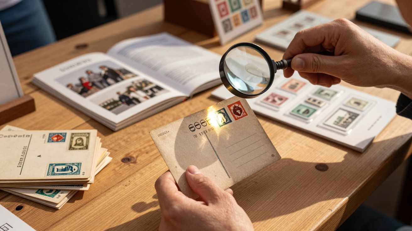 Pessoa segurando uma lupa sobre um cartão postal antigo em uma mesa com livros e álbuns de selos.