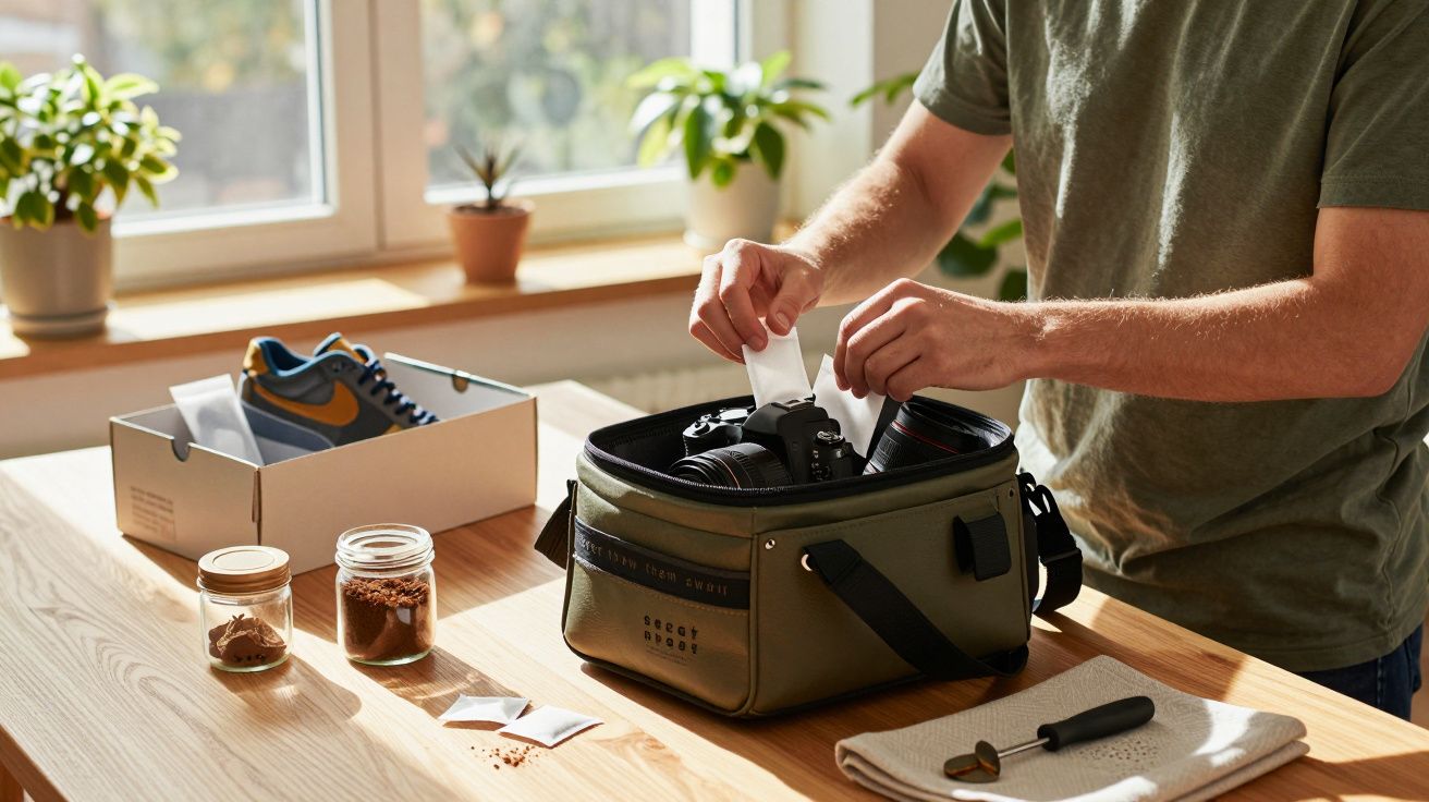 Pessoa organizando equipamentos fotográficos em bolsa sobre mesa de madeira clara, perto de janela com plantas.