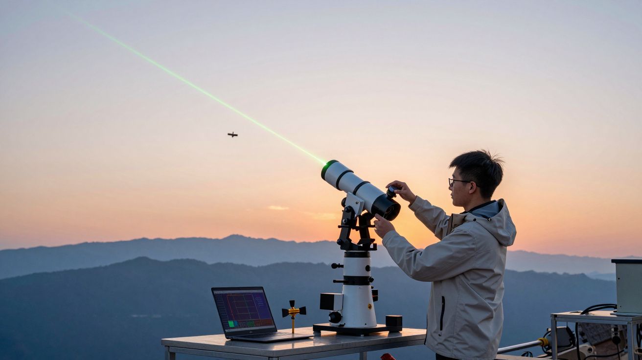 Pessoa ajusta telescópio com laser verde apontando para avião ao pôr do sol em área montanhosa.