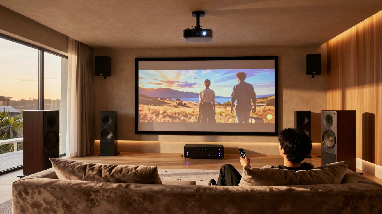 Pessoa assistindo filme em sala de home theater com projetor, sofá e sistema de som surround.