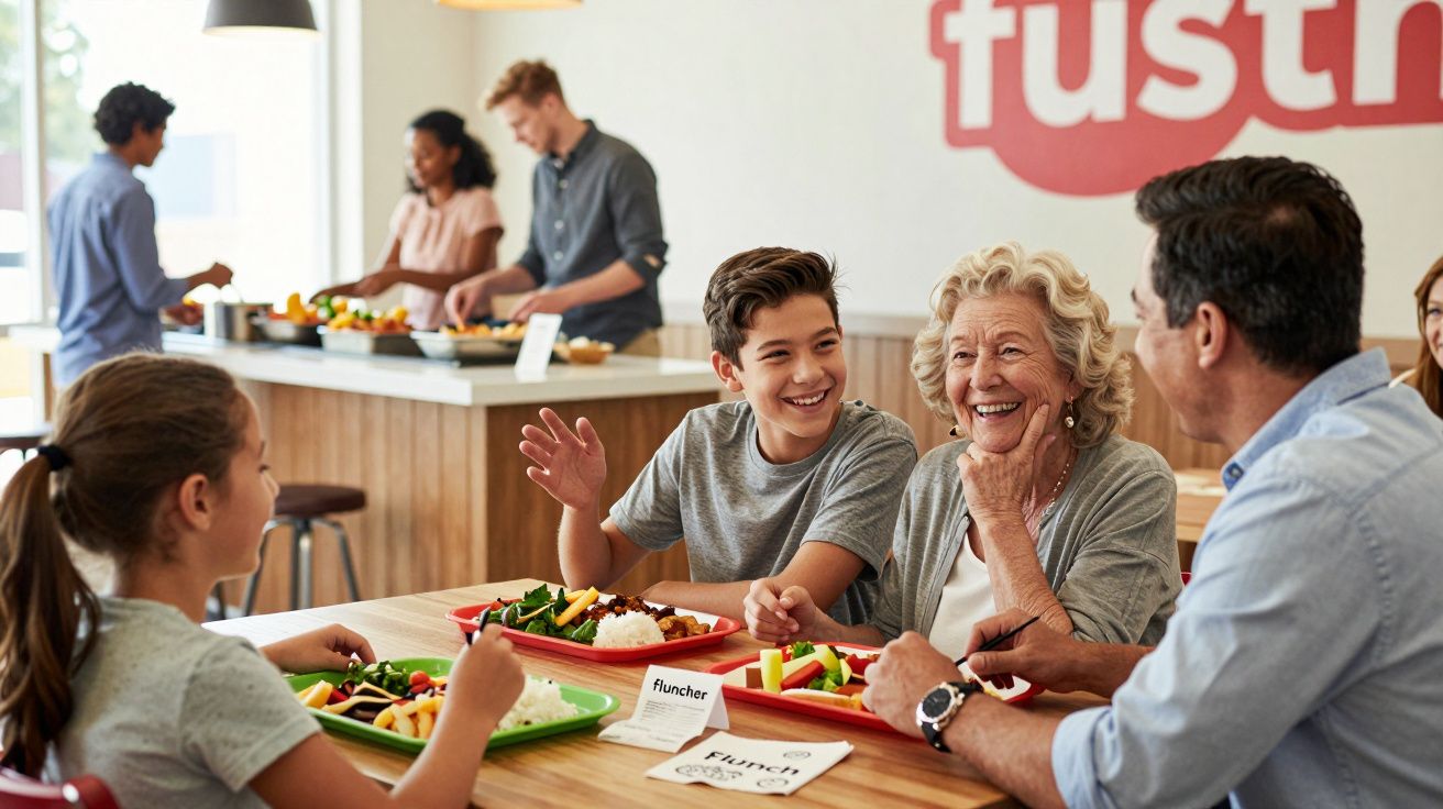 Família sorridente comendo em restaurante self-service, ambiente iluminado e descontraído.