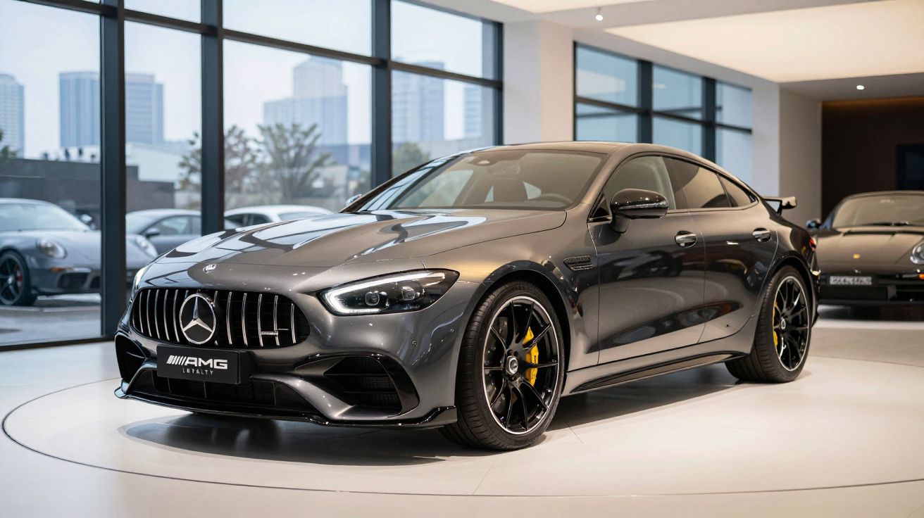 Carro esportivo Mercedes AMG prata com rodas pretas e pinças de freio amarelas exibido em showroom moderno.