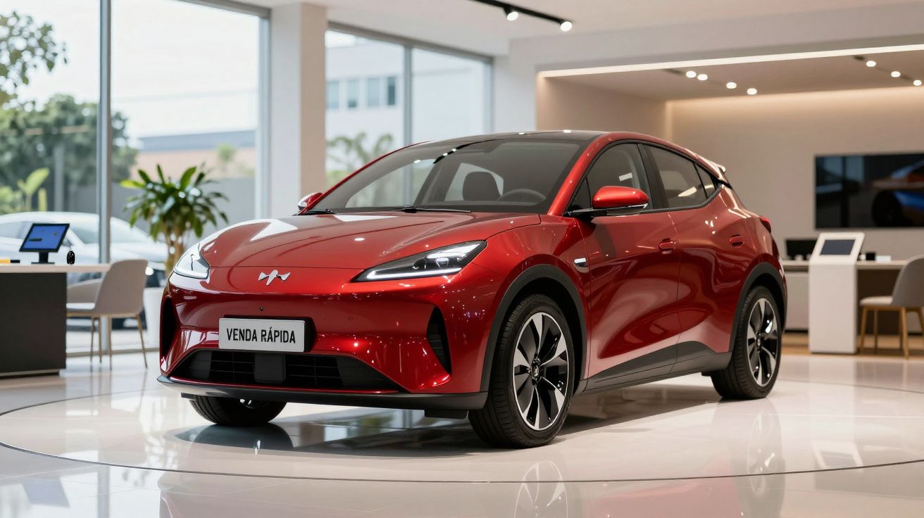 Carro elétrico vermelho exposto em showroom moderno com placa escrita "Venda Rápida"