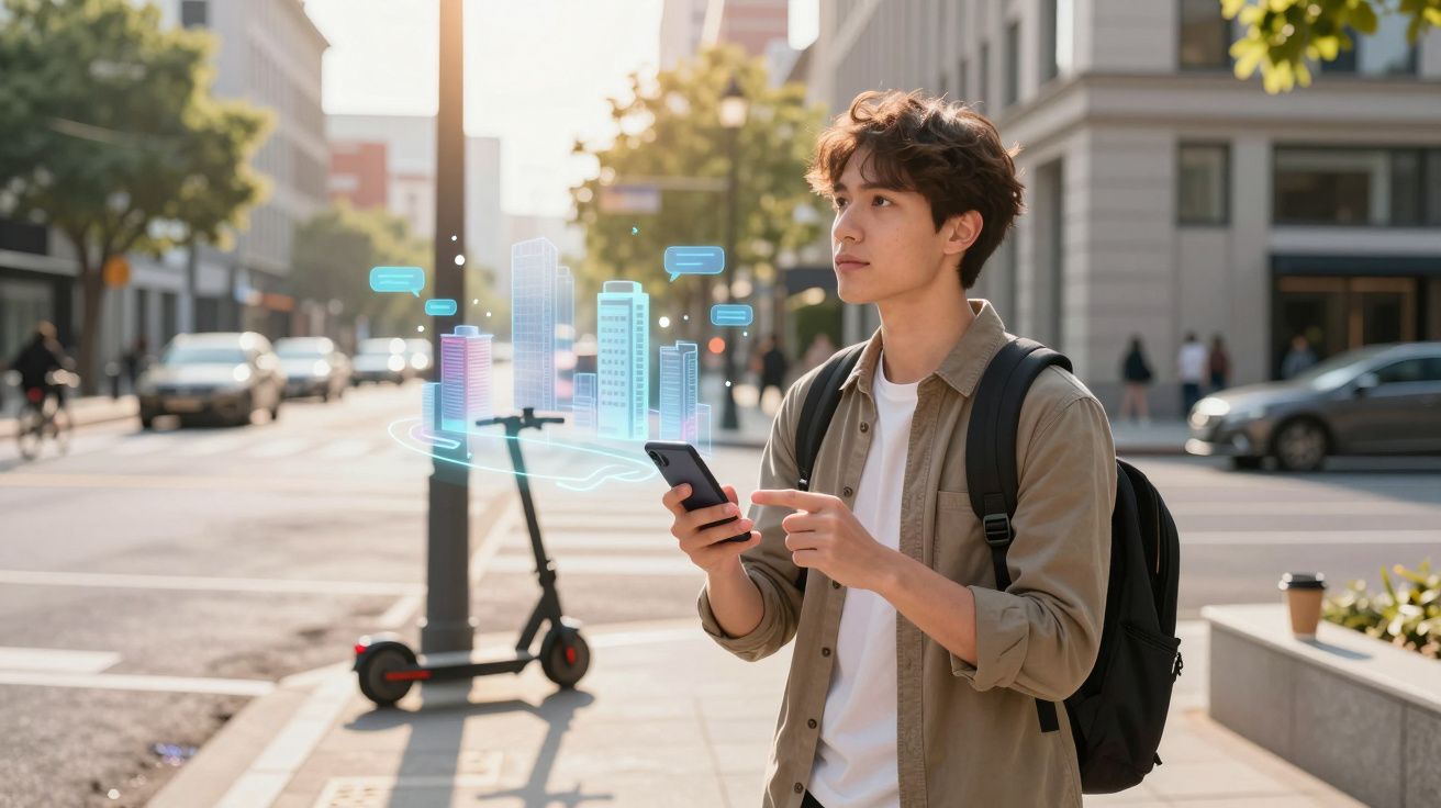 Jovem com mochila usando celular na rua, com holograma digital de prédios flutuando sobre o aparelho.