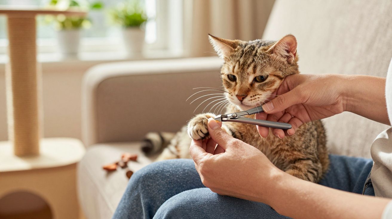 Pessoa cortando as unhas de um gato marrom sentado no colo em ambiente interno iluminado.