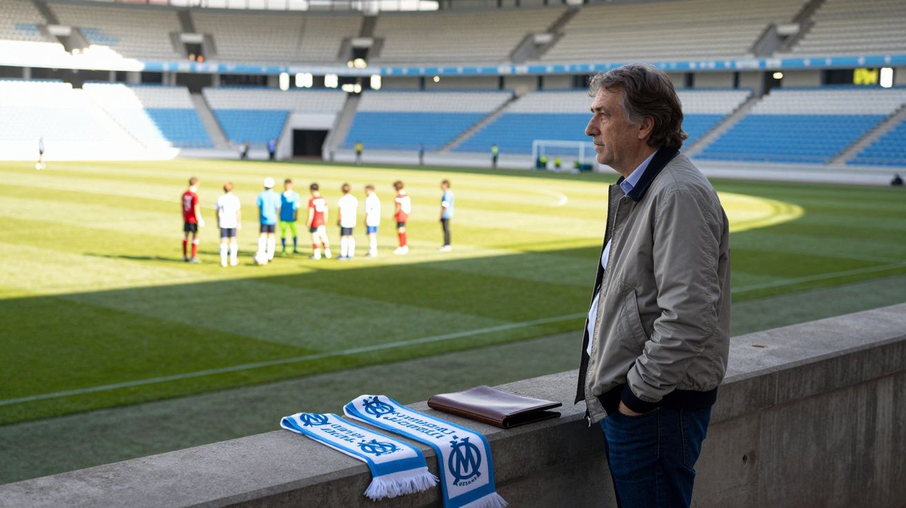 Homem observa treino de jovens jogadores de futebol no campo de um estádio vazio.