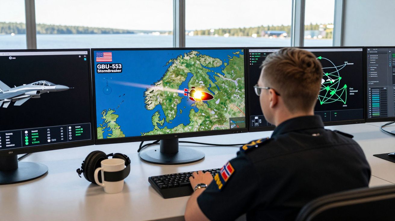 Homem em uniforme naval monitora simulação de ataque com bomba guiada em três telas no escritório com vista para o mar.