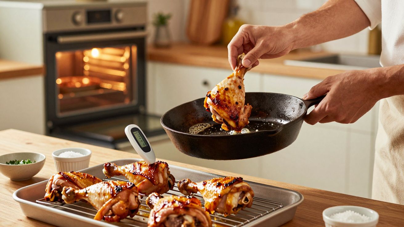 Pessoa retirando coxa de frango assada em frigideira para assadeira com termômetro em cozinha moderna.